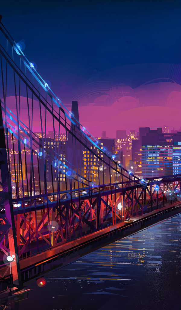 Нарисованный железный мост через реку ночью