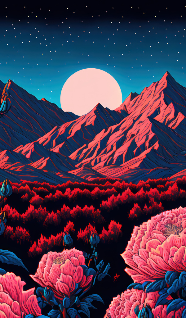 Нарисованные красные цветы в горах на фоне луны