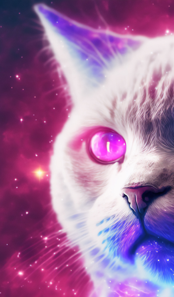 Нарисованный белый неоновый кот 