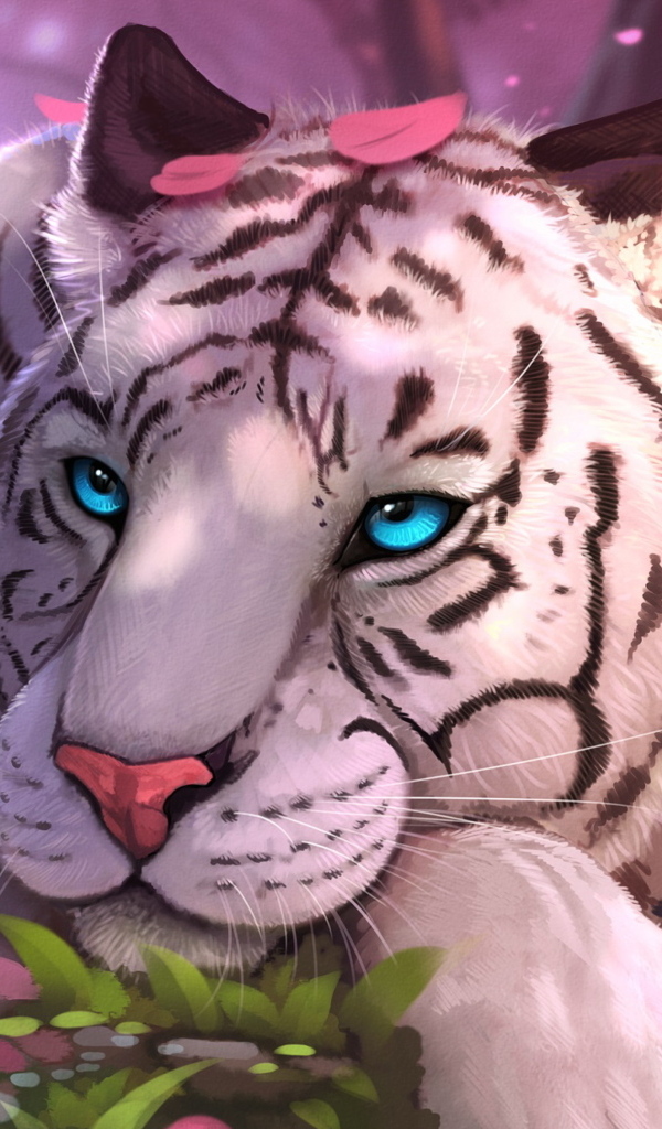 Нарисованный белый тигр с голубыми глазами