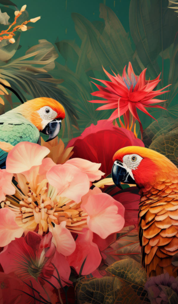 Два красивых попугая в цветах