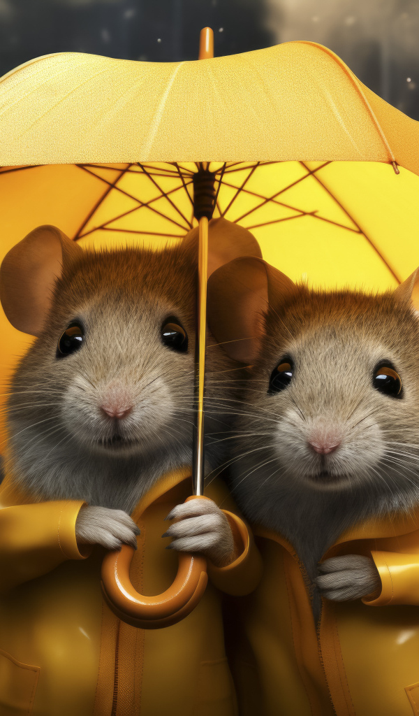 Две серые крысы под желтым зонтом