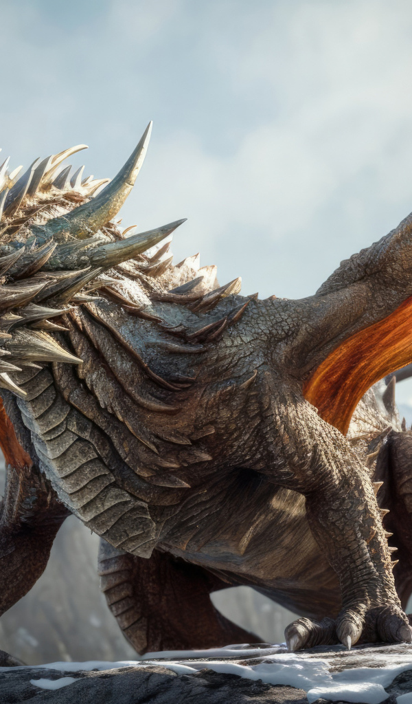 Дракон с расправленными крыльями и широко открытой пастью на горе