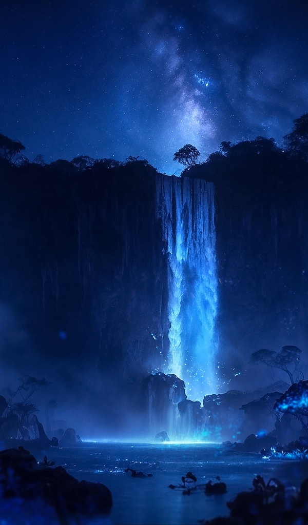 Фантастический водопад стекает с утеса в реку