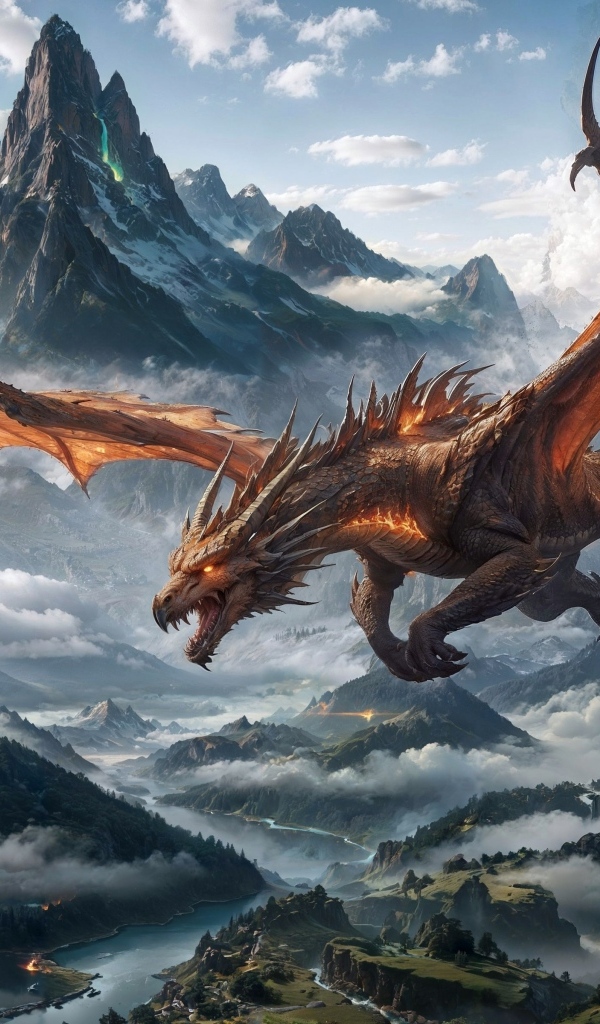 Большой дракон парит на горами