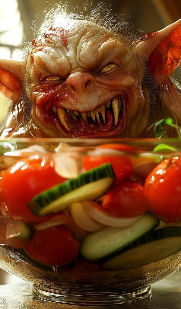 Маленький гремлин с острыми зубами стоит на кухонном столе с чашкой салата в руках