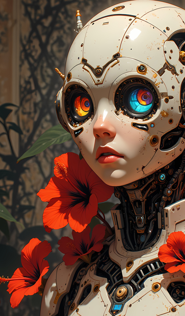Андроид с большими глазами и телом на котором растут красные цветы