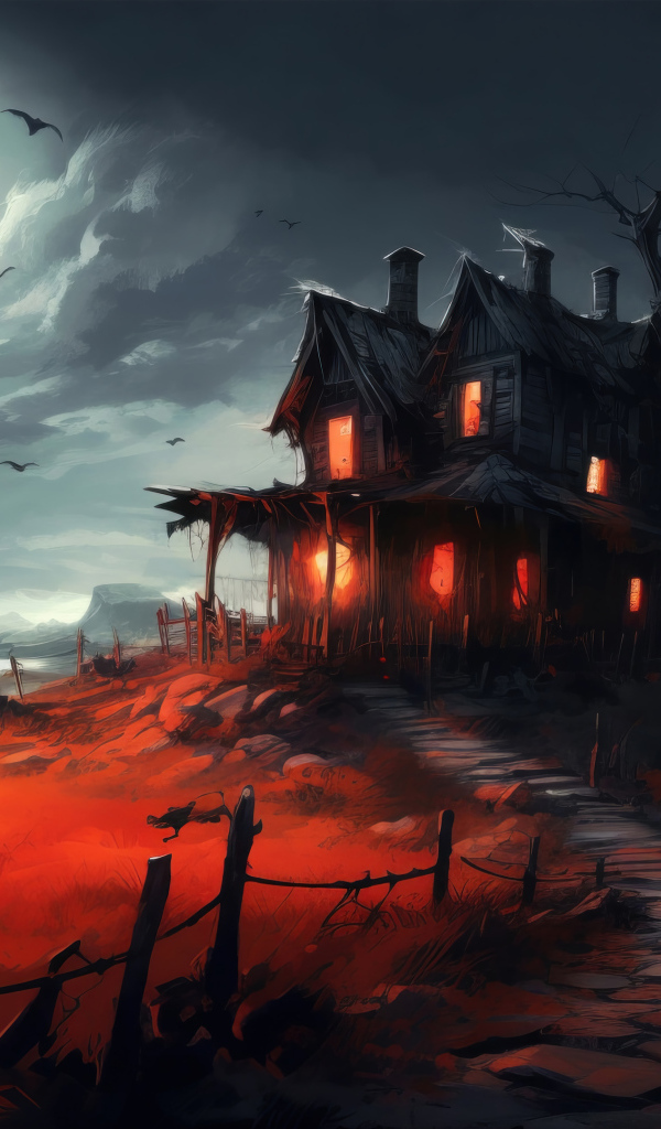 Зловещий черный дом на фоне яркой луны