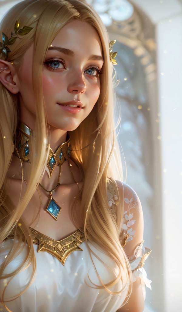 Красивая голубоглазая девушка эльф в белом платье