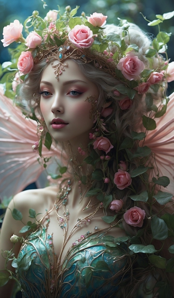 Красивая девушка фея с цветами на голове