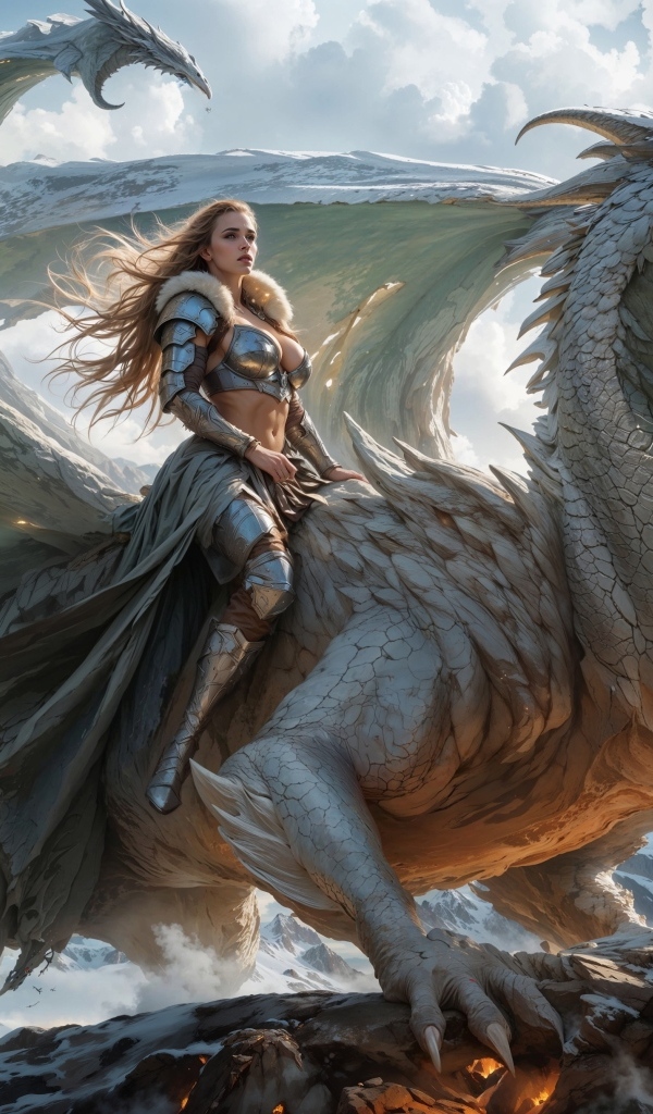 Красивая девушка воин верхом на драконе в горах