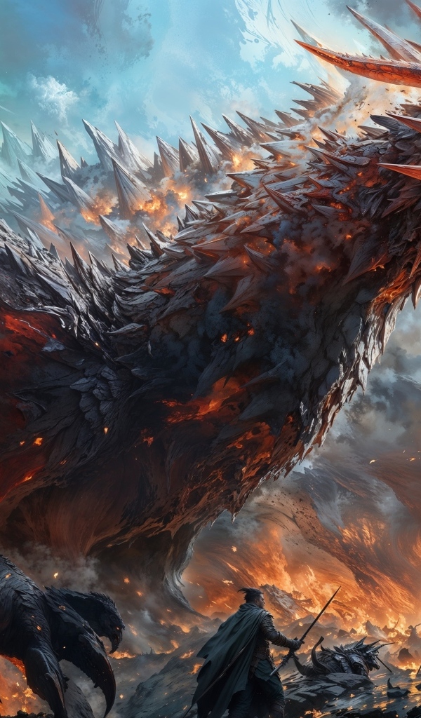 Большой злой дракон в огне с воинами