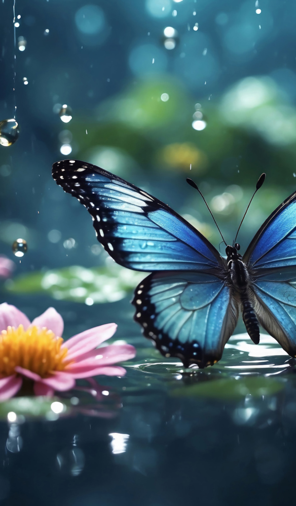 Голубая бабочка под дождем у розовых цветов