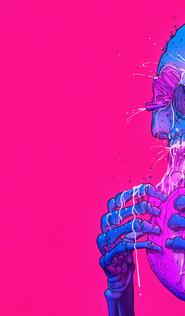 Синий скелет ест сердце на розовом фоне