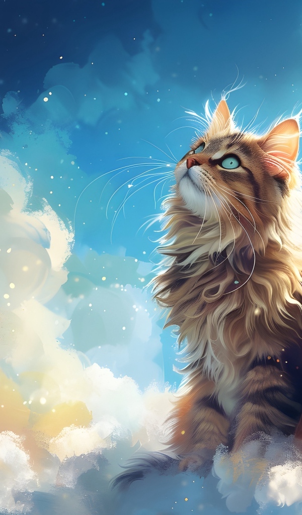 Кот - ангел с белыми крыльями сидит на облаке и смотрит вверх