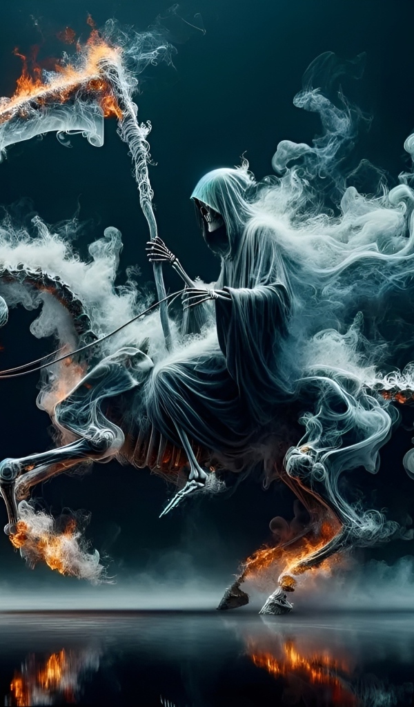 Смерть с косой скачет на скелете лошади в огне и дыму