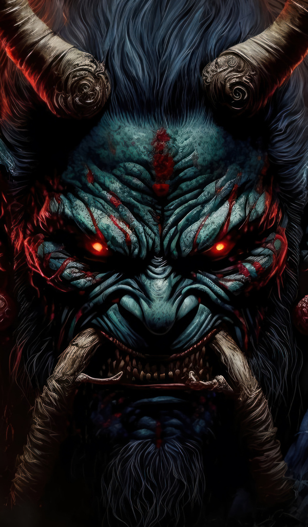 Демон с красными глазами крупным планом