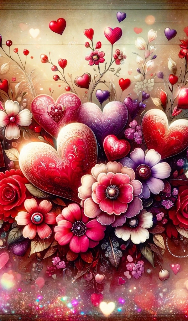 Нарисованные фантастические цветы с сердечками