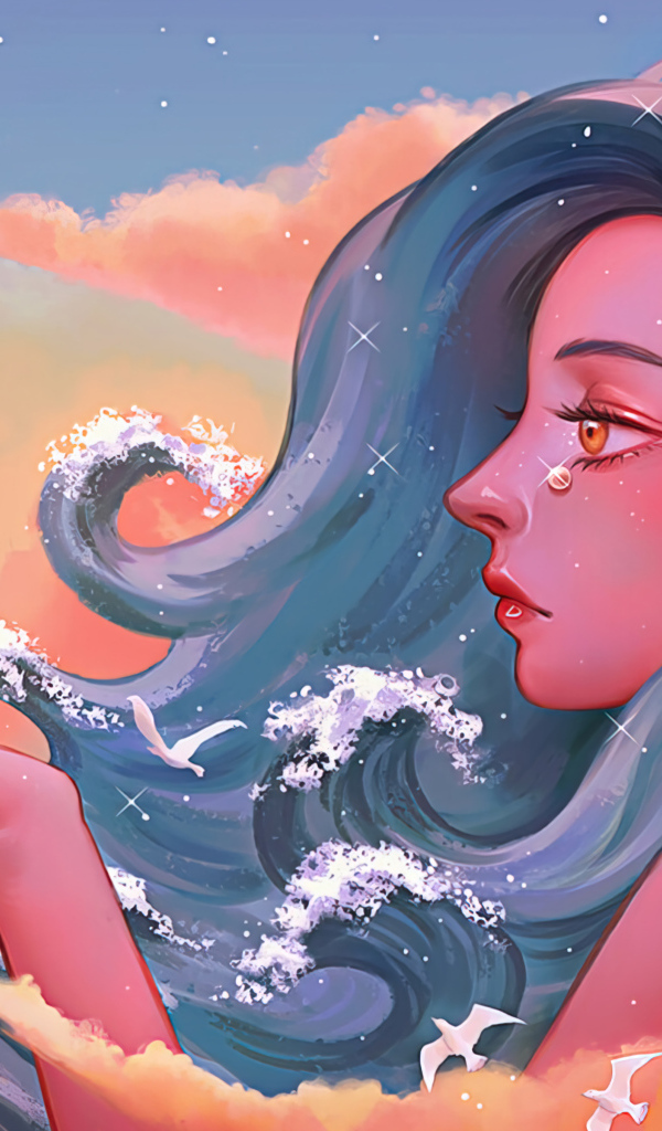 Фантастическая длинноволосая девушка с бумажным корабликом