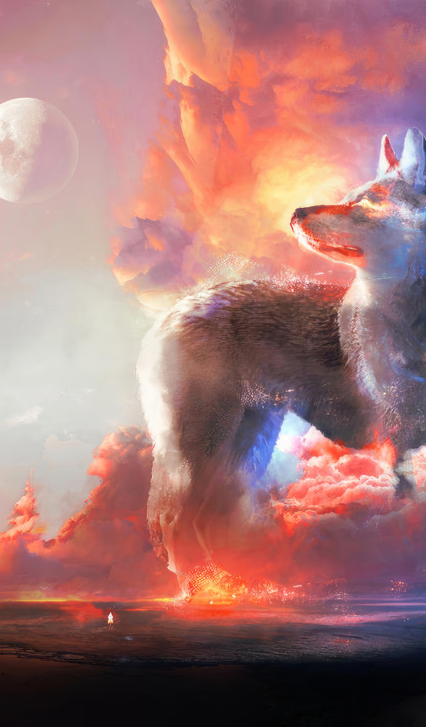 Фантастический неоновый волк на фоне луны