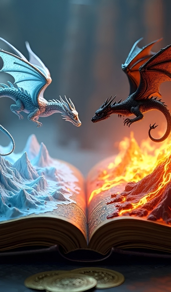 Огненный и снежный драконы парят над книгой