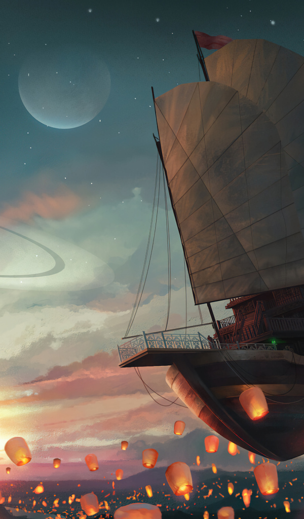 Летающий корабль в небе с китайскими фонариками