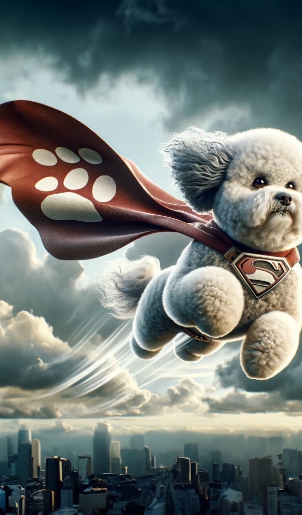 Летающая собака супергерой над городом