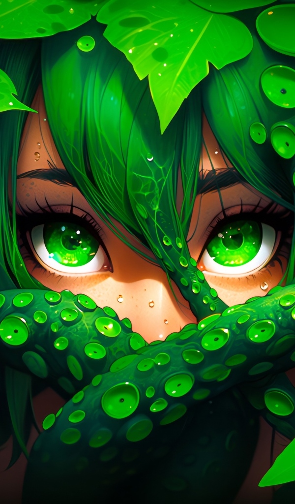 Лесная фея с зелеными глазами в зарослях