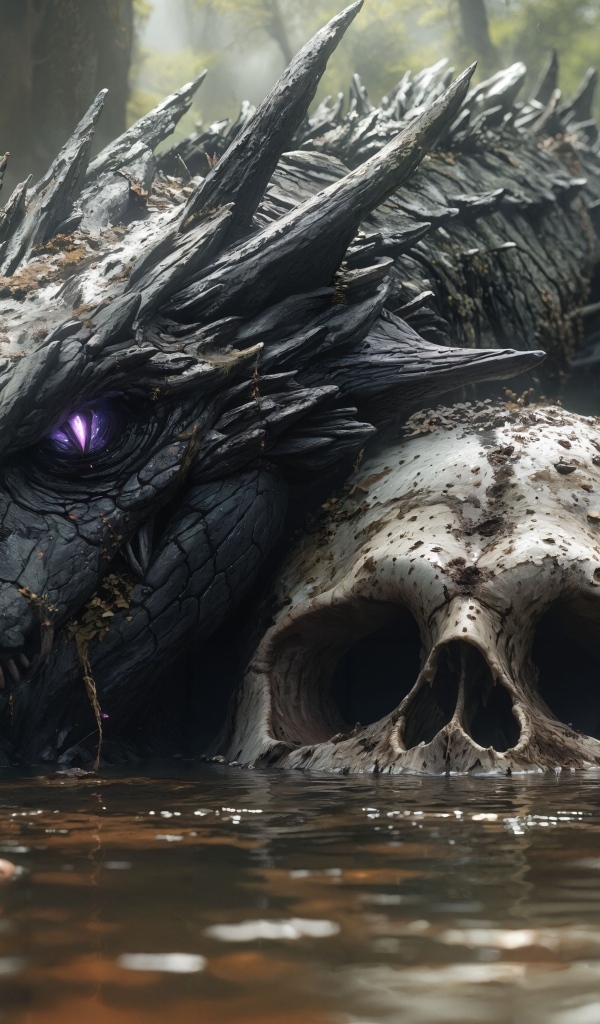 Лесной водяной монстр лежит в пруду на черепе