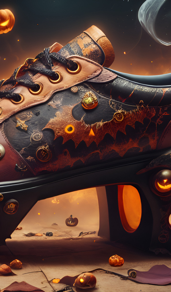 Футуристический кожаный ботинок на фоне светильников Джека в дыму