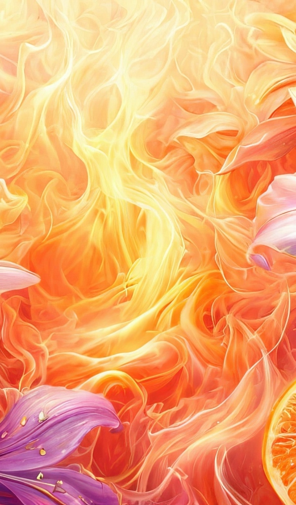 Лилии и апельсины на ярком огненном фоне