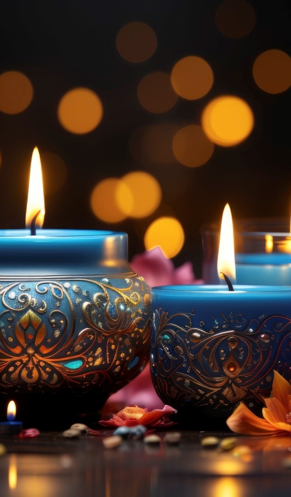 Зажженные красивые свечи с цветами на столе