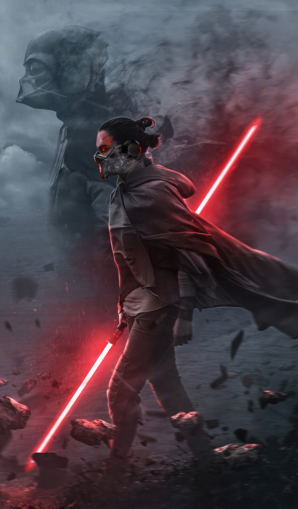 Мужчина воин с красным лазерным мечом