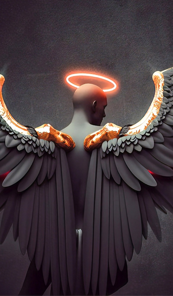 Мужчина с большими крыльями ангела на сером фоне