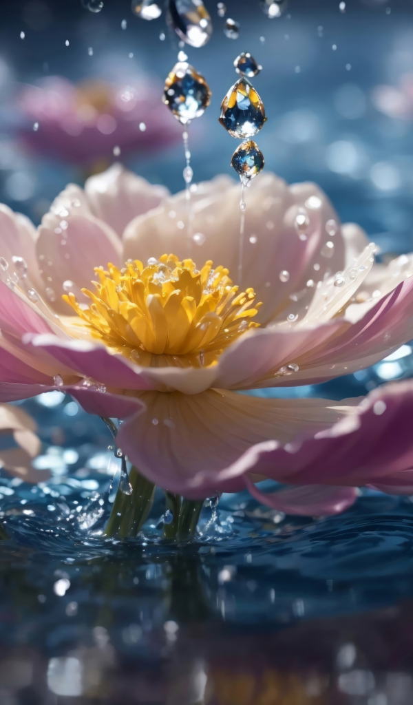 Розовые фантастические цветы в воде под дождем