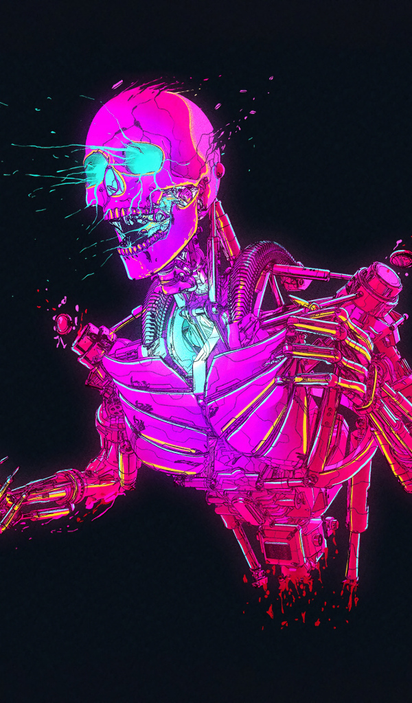 Розовый робот скелет на черном фоне