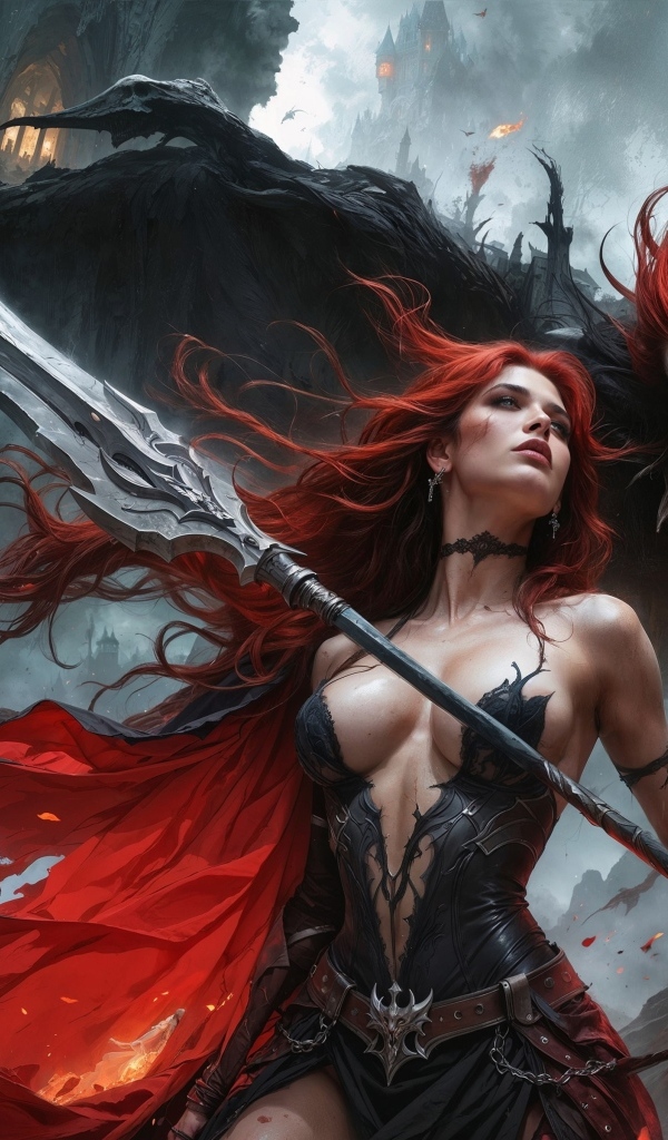 Рыжеволосая девушка с копьем с монстром