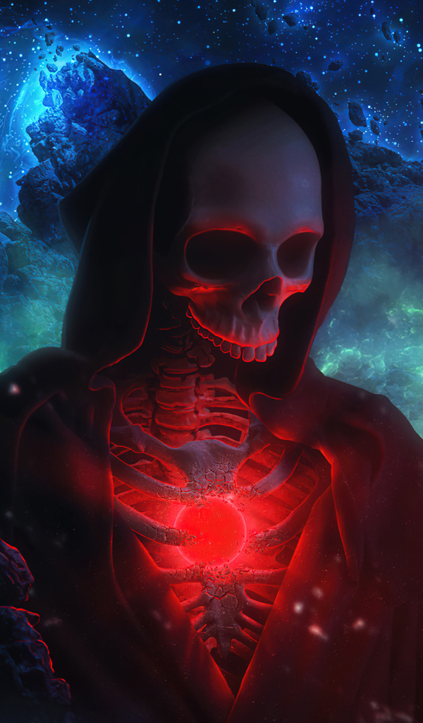 Скелет в черном плаще на фоне космического неба