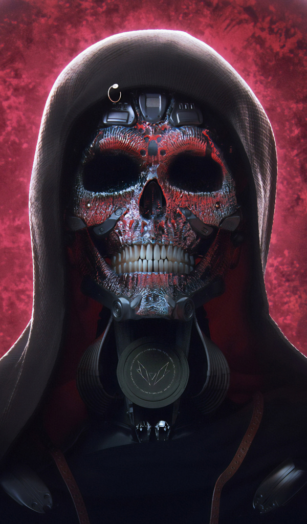 Скелет в плаще на фоне красного круга