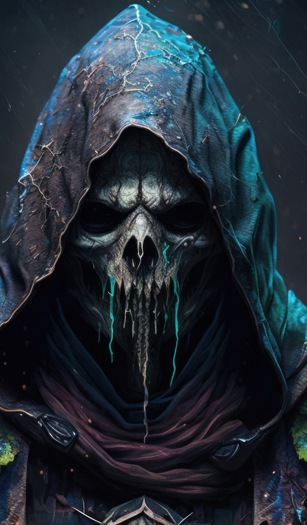 Скелет в плаще с капюшоном на черном фоне