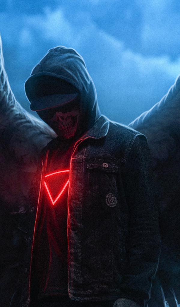 Скелет в куртке с большими крыльями ангела