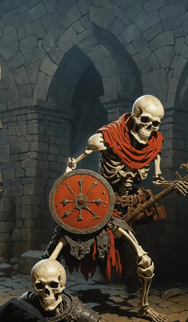 Скелеты в доспехах с оружием в руках в старинном замке