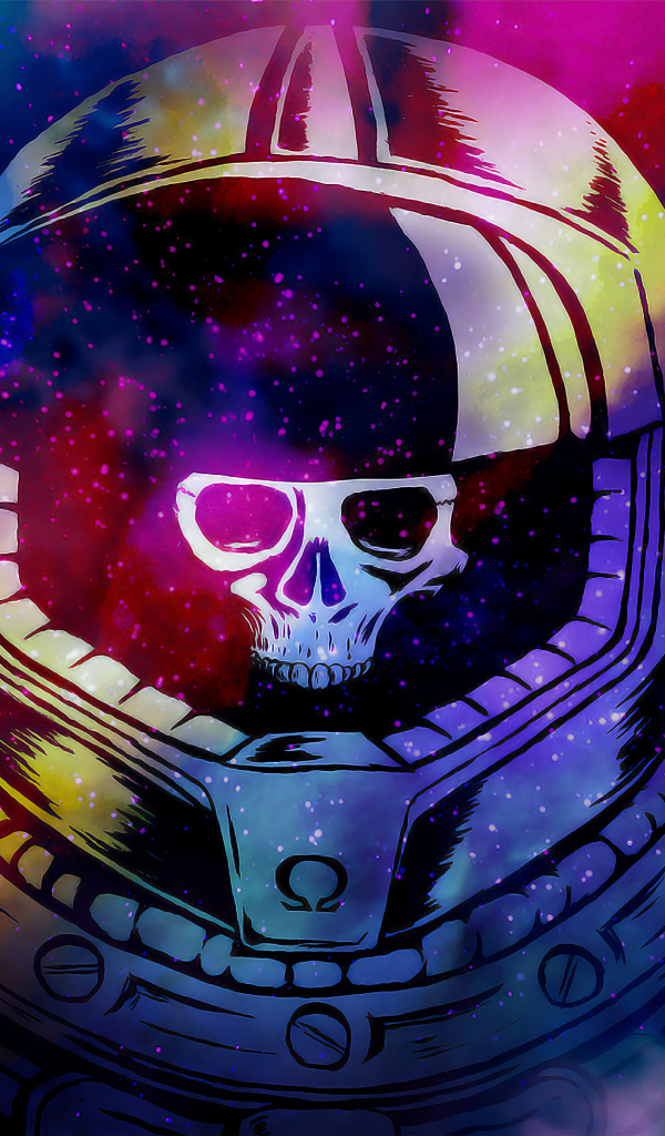 Череп в скафандре на разноцветном абстрактном фоне