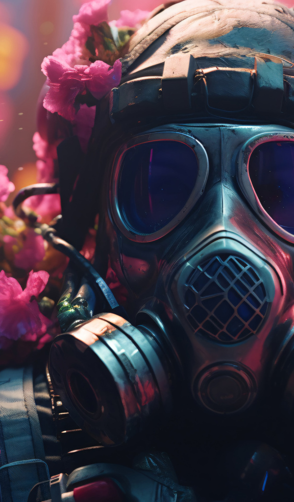 Солдат в противогазе в цветах