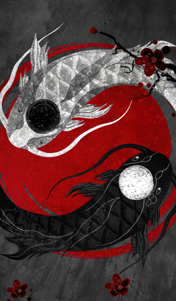 Две рыбы инь и янь на сером фоне