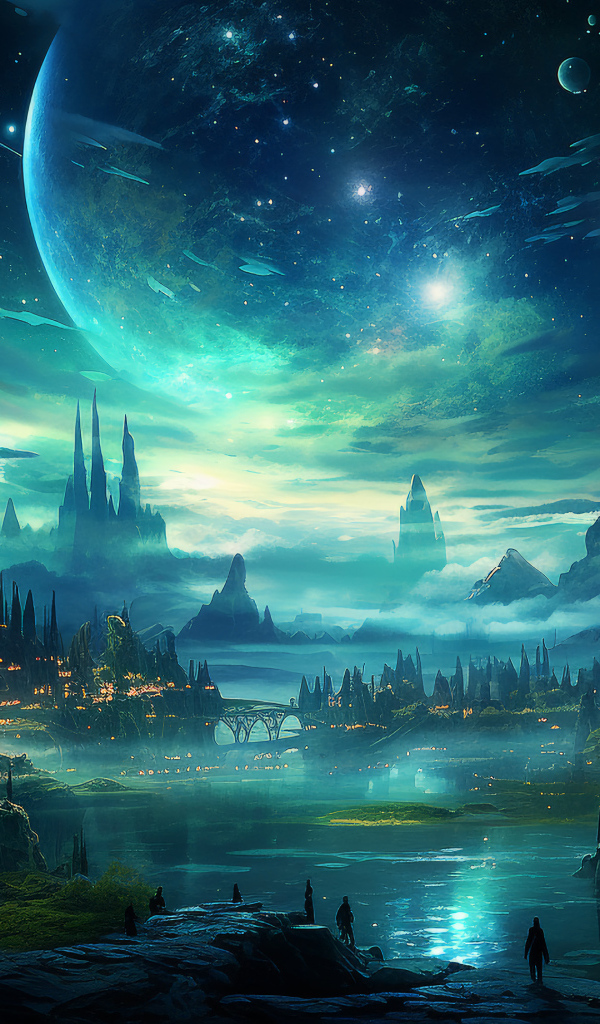 Вид на фантастический город ночью 