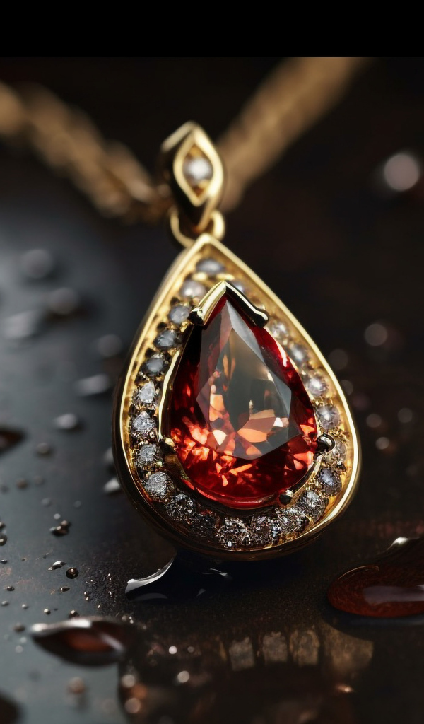 Кулон с красным камнем на мокрой поверхности 