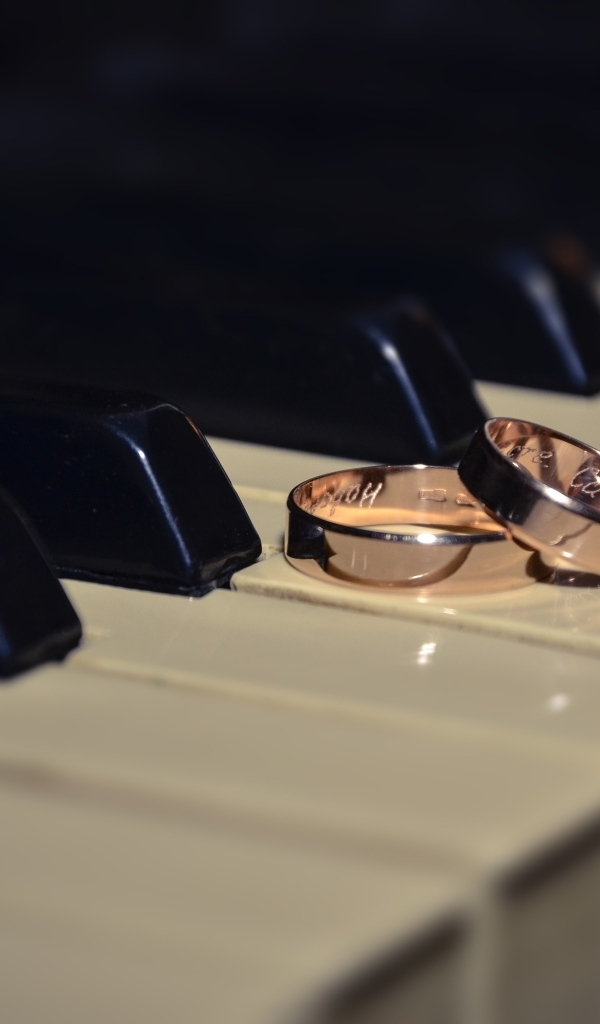 Два золотых обручальных кольца на клавишах пианино 