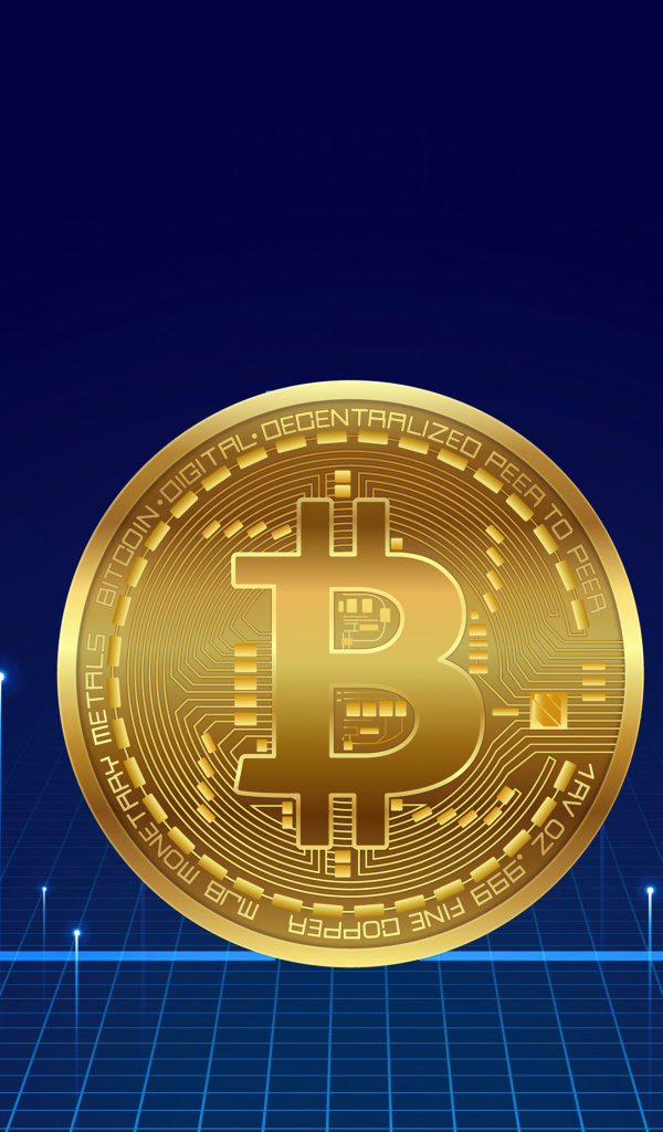 Золотая монета биткоин на синем фоне с неоновыми  лучами