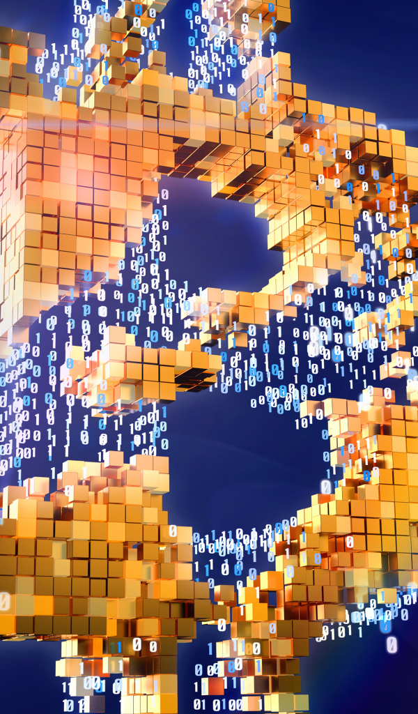 Значок биткоин разрушается на числа и пиксели